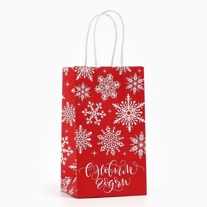 Пакет подарочный новогодний «Снежинки», белый крафт, 12 х 21 х 9 см , Новый год Пакет подарочный новогодний «Снежинки», белый крафт, 12 х 21 х 9 см , Новый год