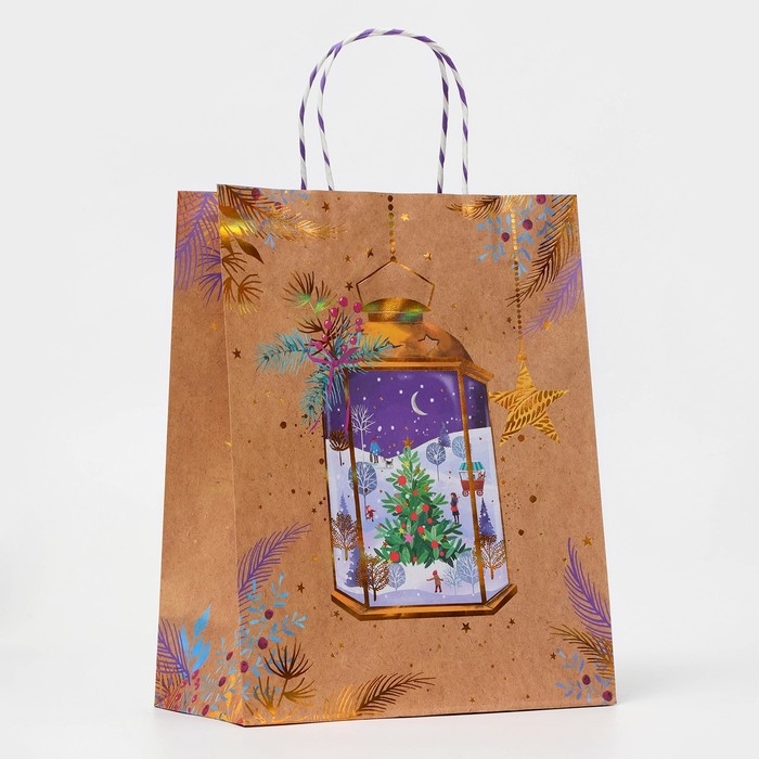Новый год. Пакет бумажный подарочный новогодний крафт Новый год. Пакет бумажный подарочный новогодний крафт "Новогодняя лампа" 26 х 32 х 12 см.