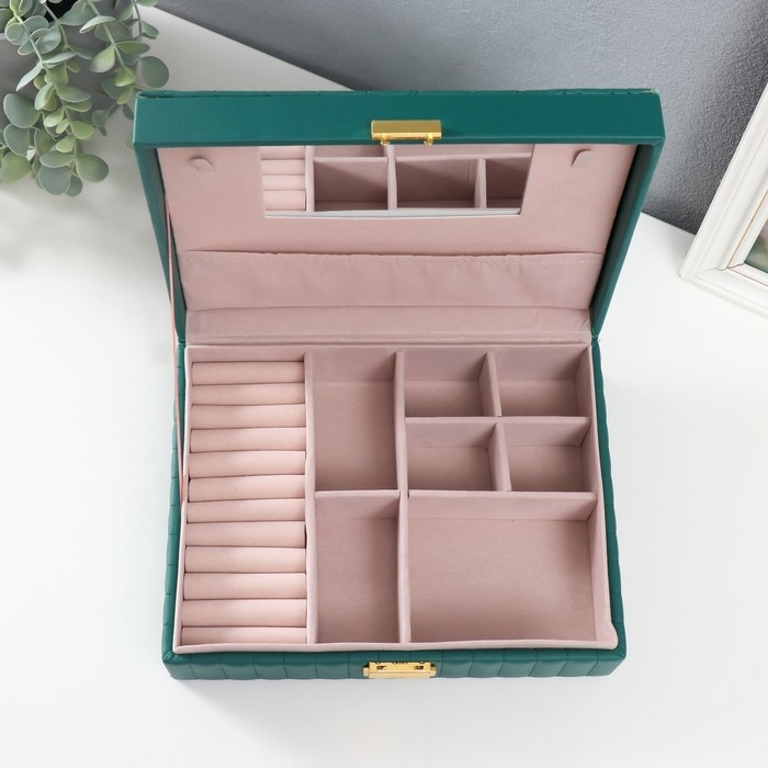 Шкатулка кожзам для украшений  Шкатулка кожзам для украшений "Ромбики. На кнопке" зелёная 7,5х24,5х18,5 см