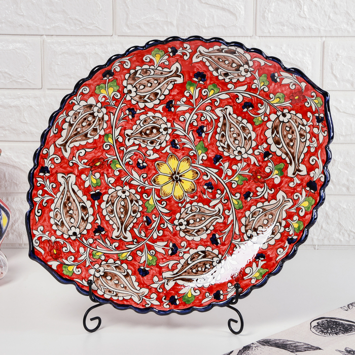 Ляган Риштанская Керамика "Цветы", 42 см, овальный, рифлёный