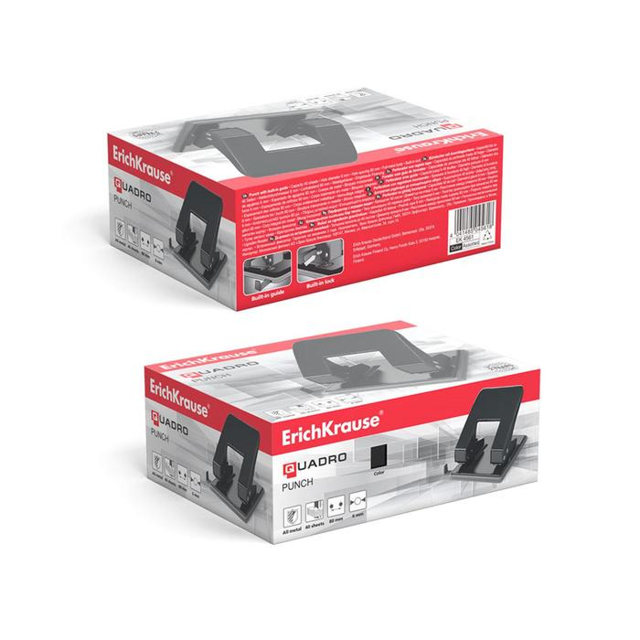 Дырокол до 40 листов ErichKrause Quadro, диаметр прокола 6мм, расстояние между проколами 80мм, микс Дырокол до 40 листов ErichKrause Quadro, диаметр прокола 6мм, расстояние между проколами 80мм, микс