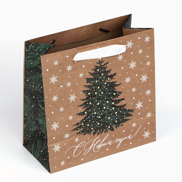 Пакет подарочный новогодний крафтовый квадратный «Новогодняя красавица», 22 х 22 х 11 см, Новый год Пакет подарочный новогодний крафтовый квадратный «Новогодняя красавица», 22 х 22 х 11 см, Новый год