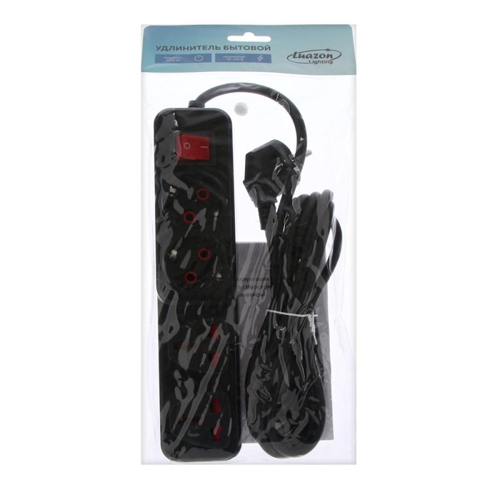 Удлинитель Luazon Lighting, 2 евро+2 унив.роз., 5 м, 2200 Вт, 2х0.5 мм2, с выкл., черный Удлинитель Luazon Lighting, 2 евро+2 унив.роз., 5 м, 2200 Вт, 2х0.5 мм2, с выкл., черный