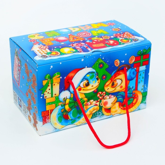Новый год. Подарочная коробка Новогодняя Посылка Новый год. Подарочная коробка Новогодняя Посылка "Змеята" с веревочными ручками с анимацией 20 x12 см.