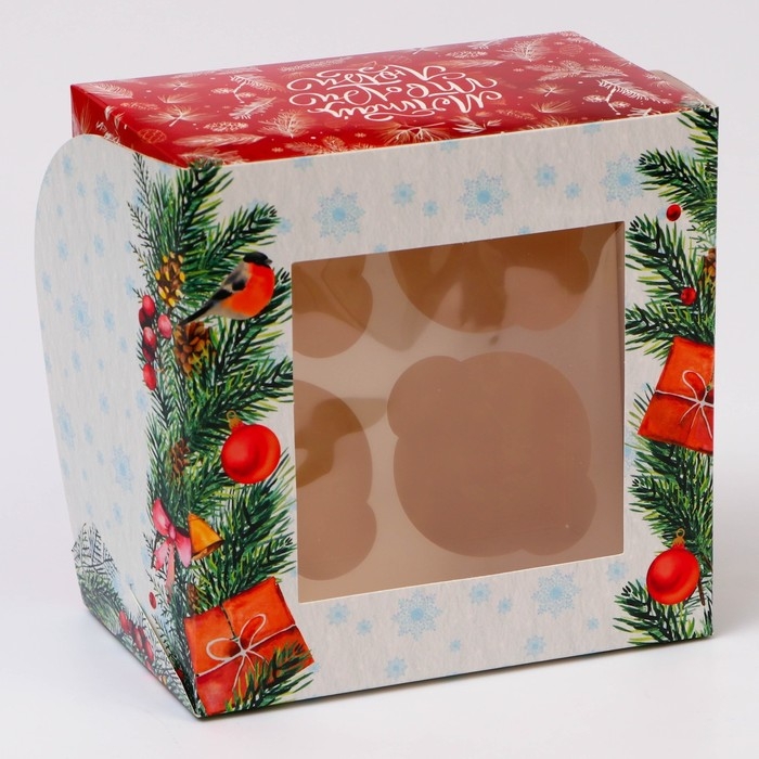 Новый год. Коробка для 4 капкейка с окном  Новый год. Коробка для 4 капкейка с окном "Новогодние подарки", 16 х 16 х 10 см, упаковка