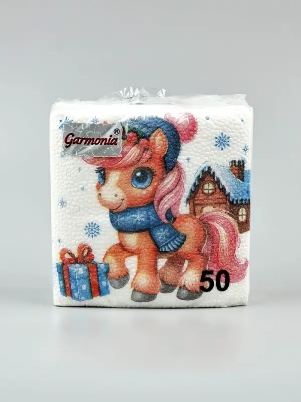 Салфетки бумажные Гармония цвета многоцветие "Лошадка с подарками", 24*24 см 50 листов