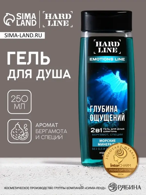 Гель для душа и шампунь 2 в 1 &laquo;Морские минералы&raquo;, 250 мл, аромат бергамот и специи, HARD LINE