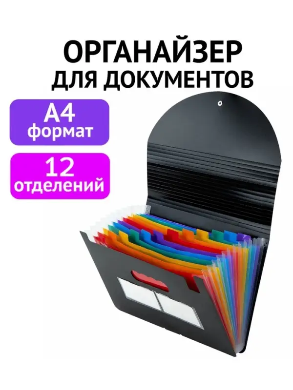 Папка для бумаги А4 на резинке пластиковая Calligrata, 12 отделений, черная Папка для бумаги А4 на резинке пластиковая Calligrata, 12 отделений, черная