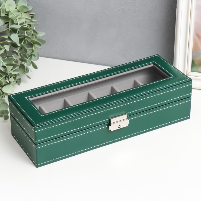 Шкатулка кожзам под часы 6 отделений  Шкатулка кожзам под часы 6 отделений "Зелёная с белой строчкой" 8х30х11 см