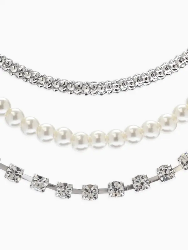 Чокер "Стиль" (набор 3шт) шар №8, со стразинками, тянется, 35+удл, цвет белый в серебре