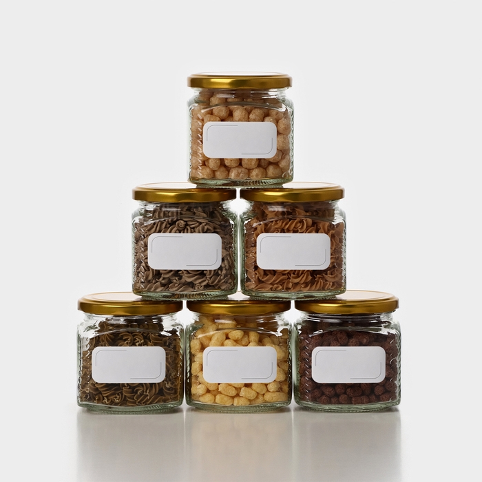 Набор стеклянных банок с золотистой крышкой и этикеткой, ТО-82, 390 мл, 6 шт Набор стеклянных банок с золотистой крышкой и этикеткой, ТО-82, 390 мл, 6 шт
