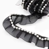 Рюш капроновый, с бусинами, 30 мм, 4.5&plusmn;0.5 м, чёрный/белый