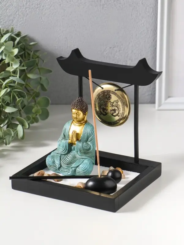 Сад Дзен "Будда в бирюзовом у гонга" песок+камни+аромапалочки 13,2х15х16 см