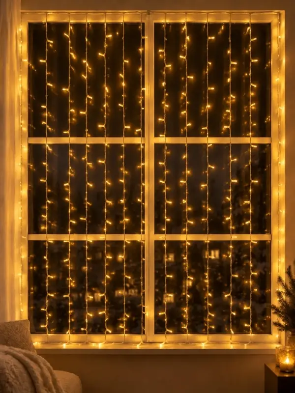 Гирлянда &laquo;Занавес&raquo; 2&times;1.5 м, IP65, УМС, прозрачная нить, 300 LED, свечение тёплое белое, 220 В