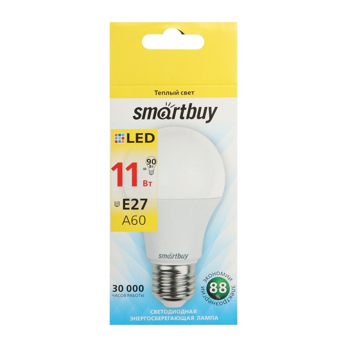 Лампа cветодиодная Smartbuy, A60, E27, 11 Вт, 3000 К, теплый белый свет Лампа cветодиодная Smartbuy, A60, E27, 11 Вт, 3000 К, теплый белый свет