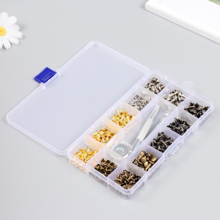 Заклёпочник с набором заклёпок 180 шт 12 видов (8х12 мм; 8х8 мм; 6х6 мм) 17,2х9,5х2,3 см Заклёпочник с набором заклёпок 180 шт 12 видов (8х12 мм; 8х8 мм; 6х6 мм) 17,2х9,5х2,3 см