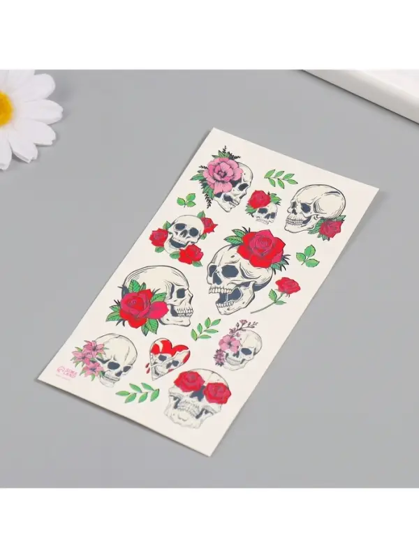 Переводные тату на тело цветные «Черепа и розы», 7.5×14 см Переводные тату на тело цветные «Черепа и розы», 7.5×14 см