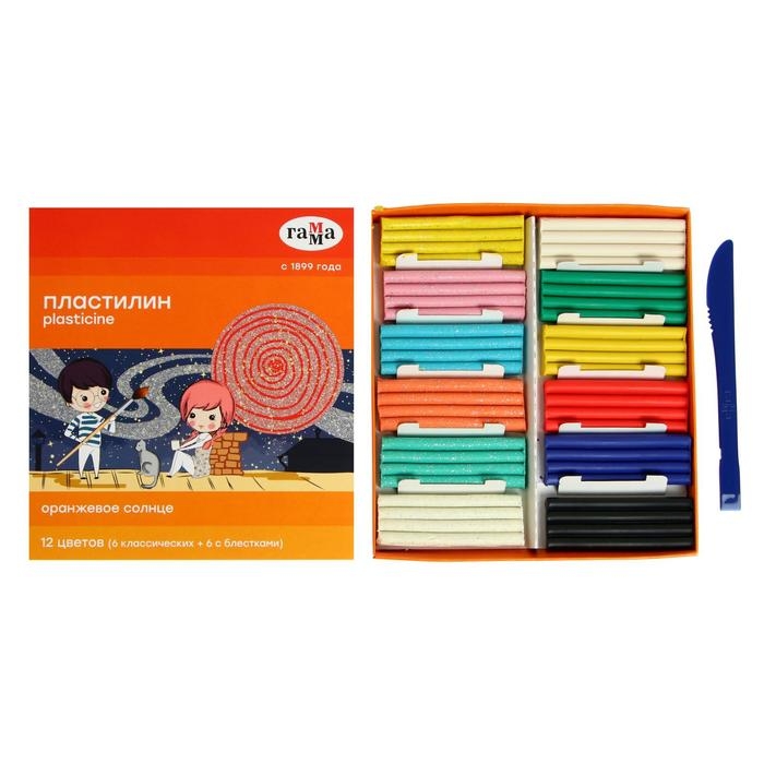 Пластилин 12 цветов 168 г, (6 классических + 6 с блёстками) Гамма Пластилин 12 цветов 168 г, (6 классических + 6 с блёстками) Гамма "Оранжевое солнце", со стеком, картонная упаковка 130520205