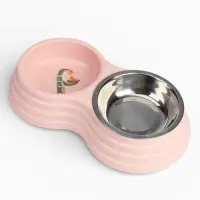 Миска двойная, 25&times;14&times;5 см, на пластиковом основании, металл, розовая