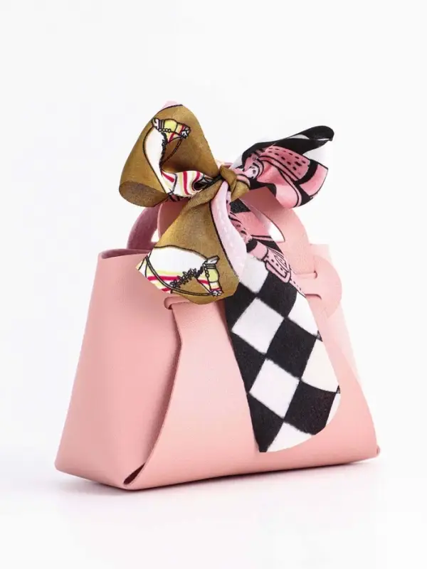 Кожаная подарочная сумочка для бижутерии и сувениров, розовая с бантом (лента), 13&times;12&times;5.5 см