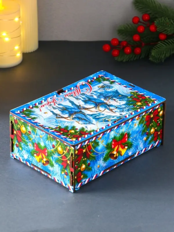 Шкатулка-ящик  самосборный малый с символом года "Тройка", 20х13,6х8 см