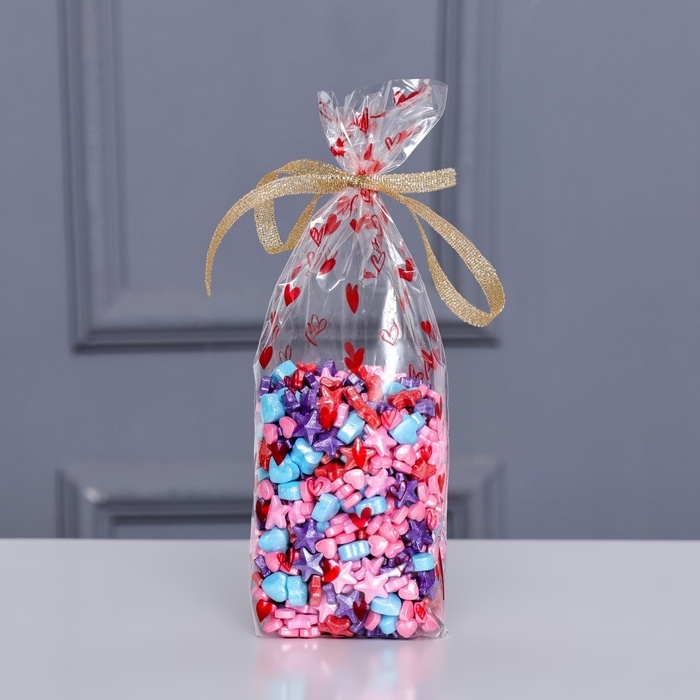 Пакет фасовочный БОПП, с донной складкой, Пакет фасовочный БОПП, с донной складкой, "Сердца красные" 9*19 см набор 50 шт