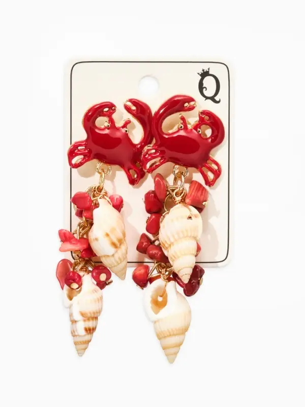 Серьги &laquo;Морской мир&raquo;, краб с ракушками, красные в золоте