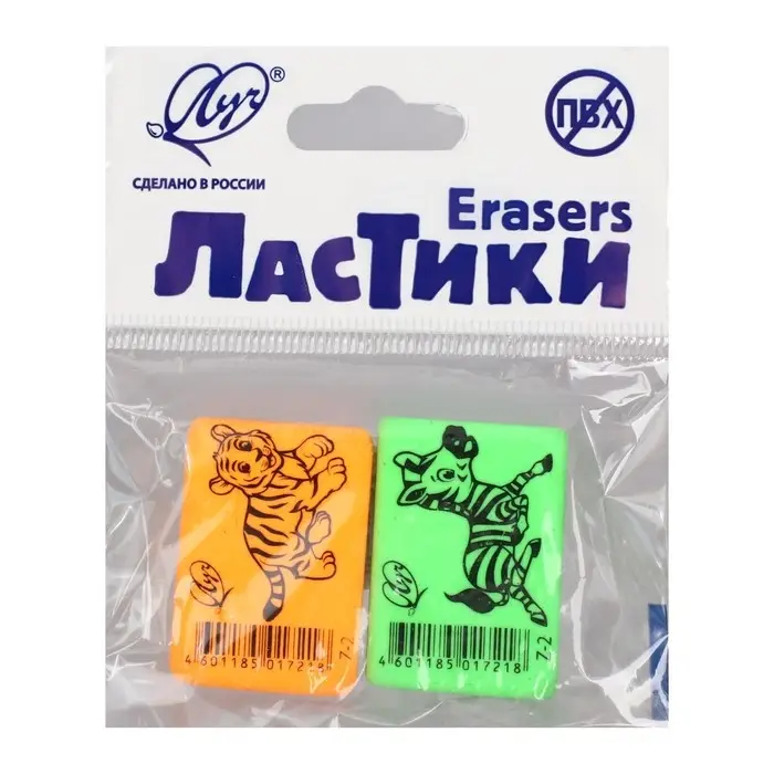 Набор ластиков 2 штуки Луч Набор ластиков 2 штуки Луч "ZOO", термопластичная резина (35 х 25 х 8 мм), МИКС