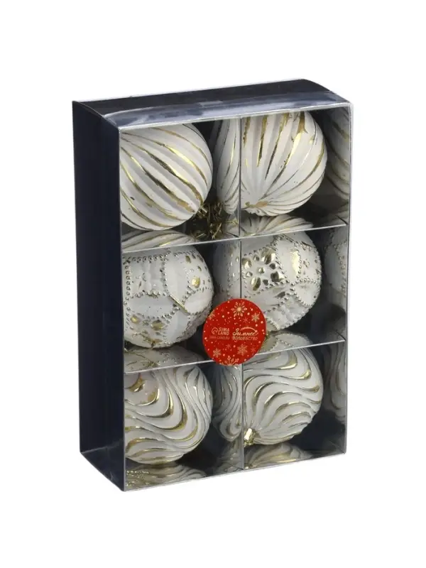 Ёлочные игрушки 6 шт. «Вестон», шары новогодние, d=8 см, винтаж, бело-золотой