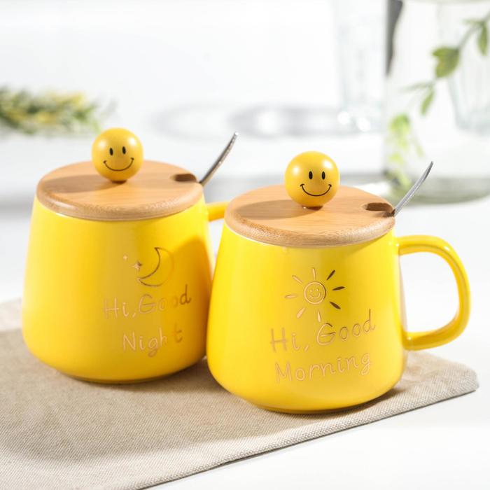Кружка керамическая «Смайл», 350 мл, с деревянной крышкой и ложкой, цвет и рисунок МИКС