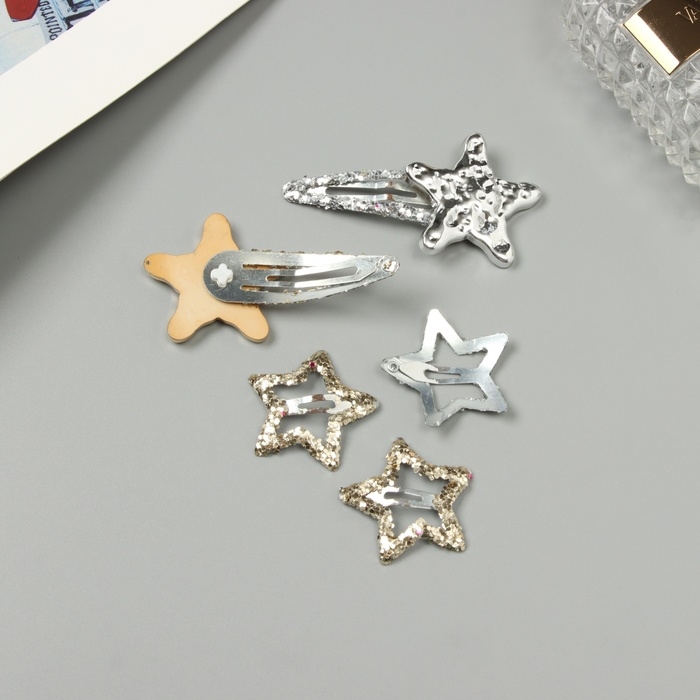 Невидимка для волос  Невидимка для волос "Беатрис" (набор 5 шт) звезда, 3,5 и 6 см, серебро золото