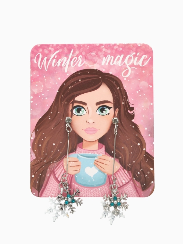 Серьги висячие со стразами «Новогодние» две снежинки, цвет бело-голубой в серебре Серьги висячие со стразами «Новогодние» две снежинки, цвет бело-голубой в серебре