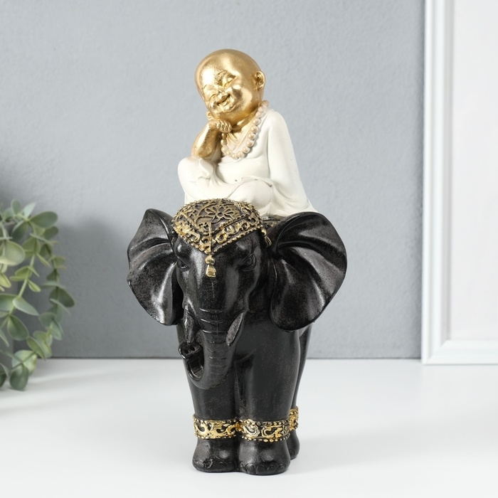 Сувенир полистоун  Сувенир полистоун "Маленький весёлый Будда на чёрном слоне" 14х14х26 см