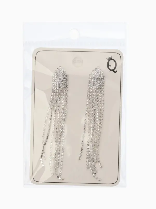 Серьги клипсы для ушей висячие со стразами QF &laquo;Вечеринка&raquo;, белые в серебре