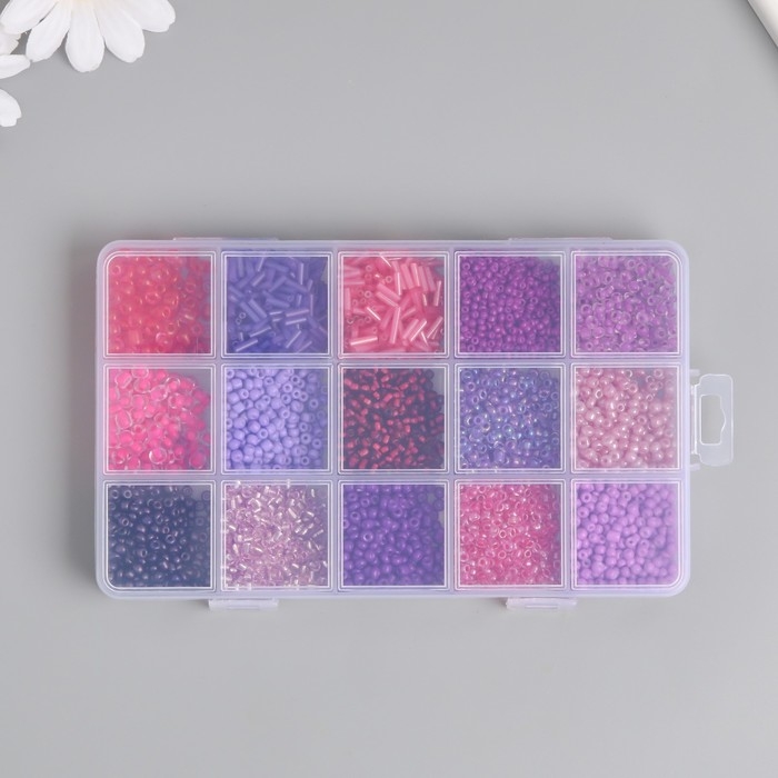 Бисер стекло 6/0, 8/0, 12/0 в шкатулке  Бисер стекло 6/0, 8/0, 12/0 в шкатулке "Фиолетовый" стеклярус 15,5х9,5х1,6 см