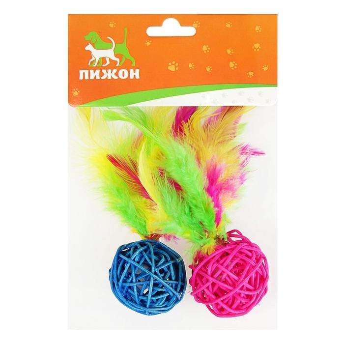 Игрушка для кошек  Игрушка для кошек "Шар из лозы с пером", 3,8 см, микс цветов