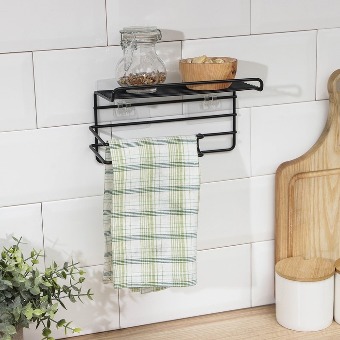 Полка на липучке Доляна, с держателем для полотенец, 19,5×9,5×8 см, цвет черный Полка на липучке Доляна, с держателем для полотенец, 19,5×9,5×8 см, цвет черный