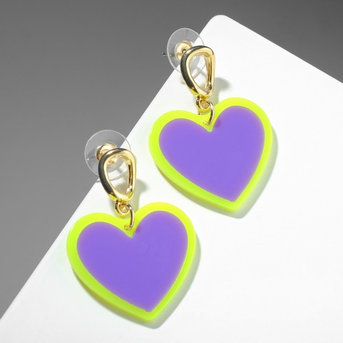 Серьги акрил &laquo;Сердечки&raquo; неоновые, цвет фиолетово-салатовый в золоте
