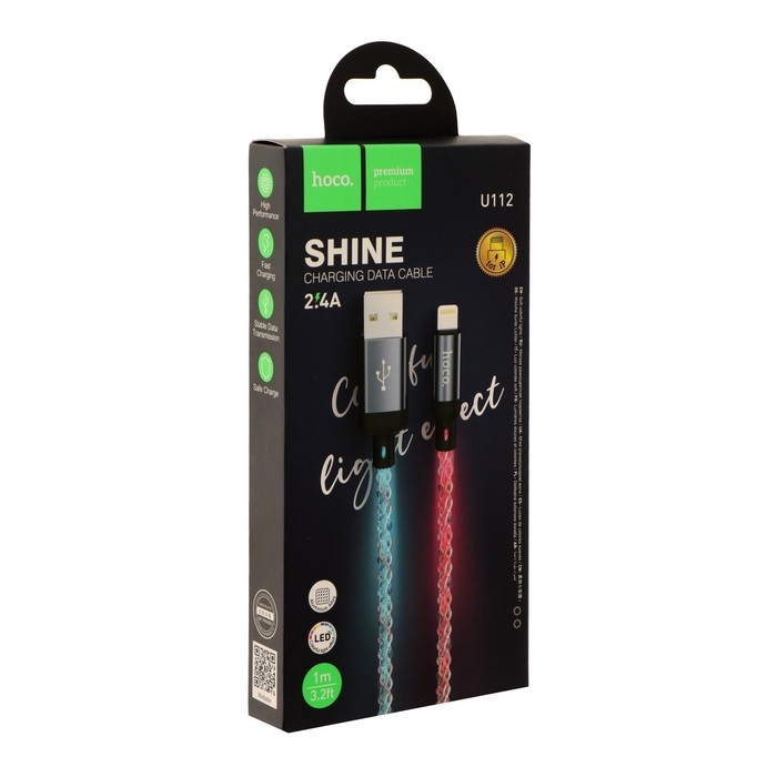 Кабель Hoco U112, Lightning, 2.4 A, 1 м, светящийся, cерый Кабель Hoco U112, Lightning, 2.4 A, 1 м, светящийся, cерый