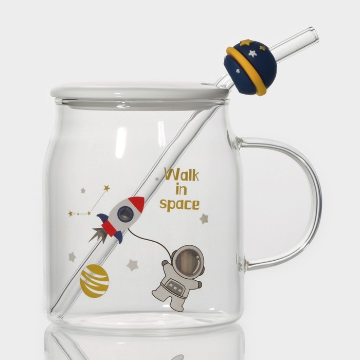 Кружка стеклянная с керамической крышкой и трубочкой «Космос», 500 мл, цвет МИКС Кружка стеклянная с керамической крышкой и трубочкой «Космос», 500 мл, цвет МИКС
