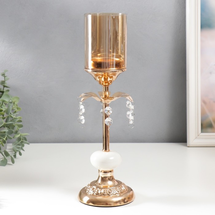 Подсвечник металл на 1 свечу Подсвечник металл на 1 свечу "Цветок с кристаллами" золото, белый 37х11х11 см