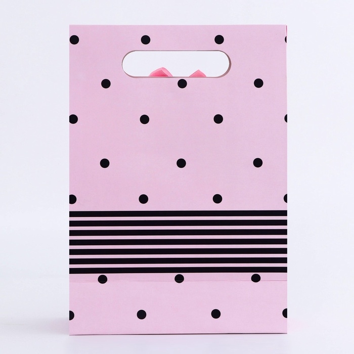 Подарочная коробка-пакет, упаковка с вырубной ручкой, Подарочная коробка-пакет, упаковка с вырубной ручкой, "Розовый горох" , 19 х 9 х 27 см