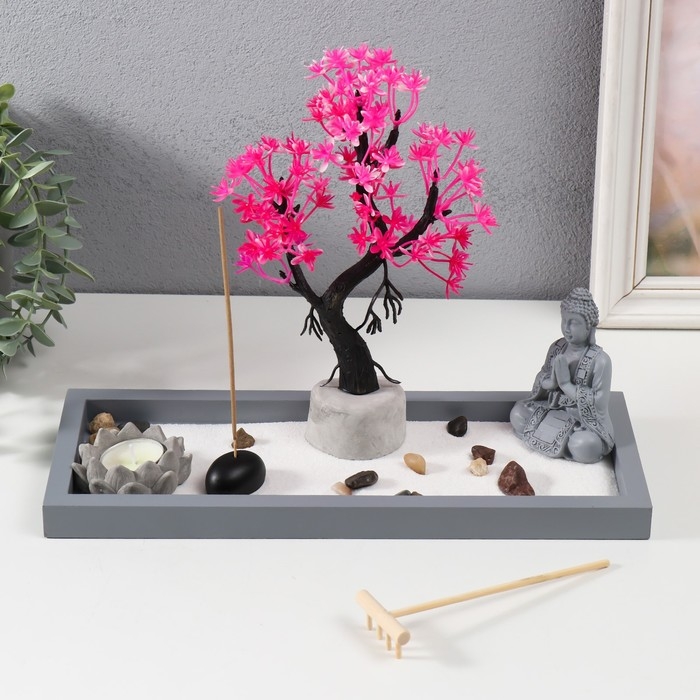 Сад Дзен  Сад Дзен "Будда медитирует у сакуры" песок+камни+аромапалочка+свеча32х13х22 см