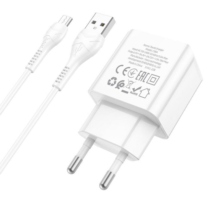 Сетевое зарядное устройство Hoco C98A, 1 USB, 18 Вт, QC, кабель Micro USB -USB, 1 м, белое Сетевое зарядное устройство Hoco C98A, 1 USB, 18 Вт, QC, кабель Micro USB -USB, 1 м, белое