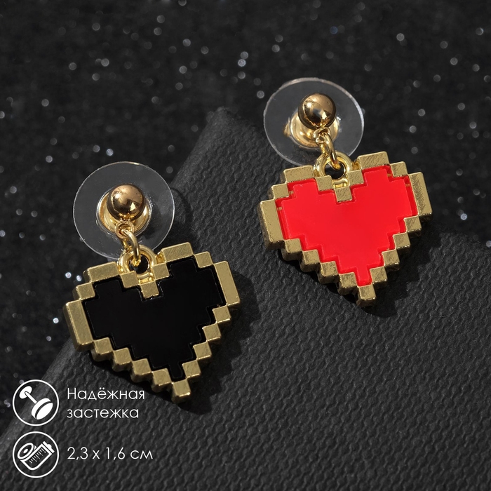Серьги акрил &laquo;Сердечки&raquo; пиксели, цвет красно-чёрный в золоте
