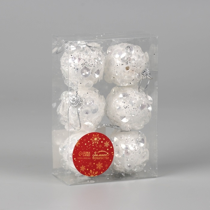 Набор шаров пластик d-5 см, 6 шт Набор шаров пластик d-5 см, 6 шт "Альваро" пайетки, белый