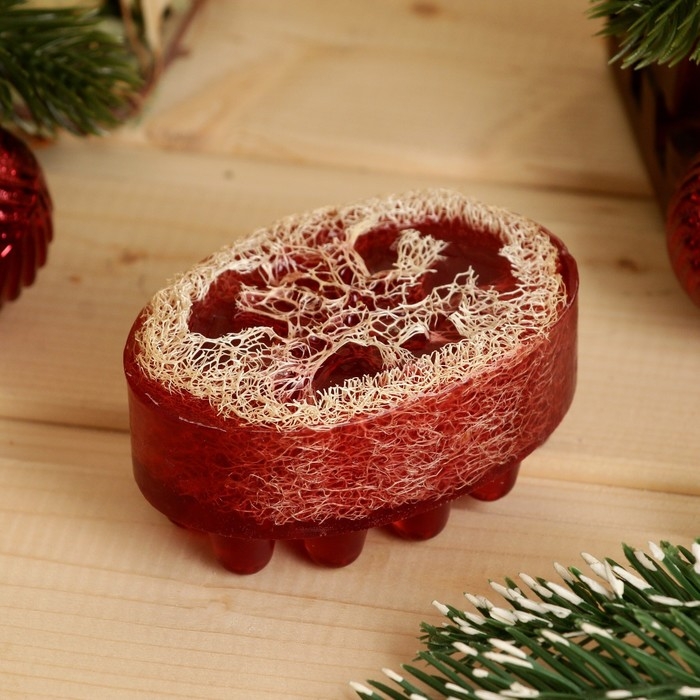 Новый год. Массажное мыло с люффой "Брусника - Корица" 100 г