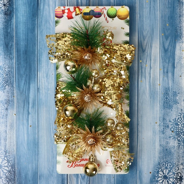 Украшение ёлочное Украшение ёлочное "Еловая композиция" (набор 3 шт) бант блеск цветок, 11х7 см, золото