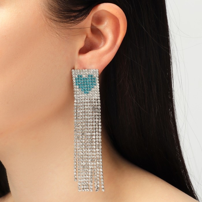 Серьги висячие со стразами «Грация» сердца в квадрате, цвет серебристо-голубой в серебре, 9,5 см Серьги висячие со стразами «Грация» сердца в квадрате, цвет серебристо-голубой в серебре, 9,5 см