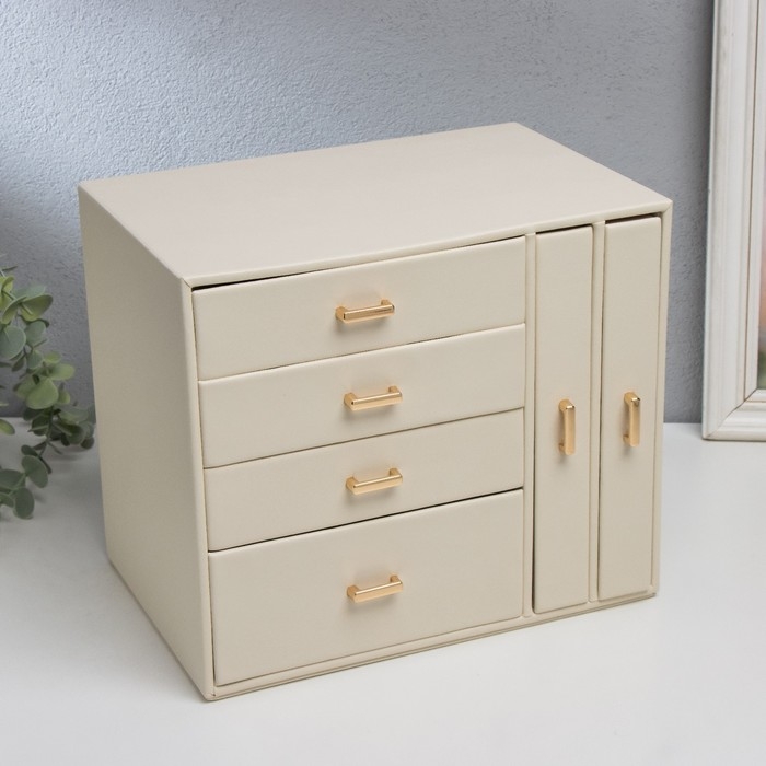 Шкатулка кожзам для украшений  Шкатулка кожзам для украшений "Комод с золотистыми ручками" белая 16,3х18х22,5 см